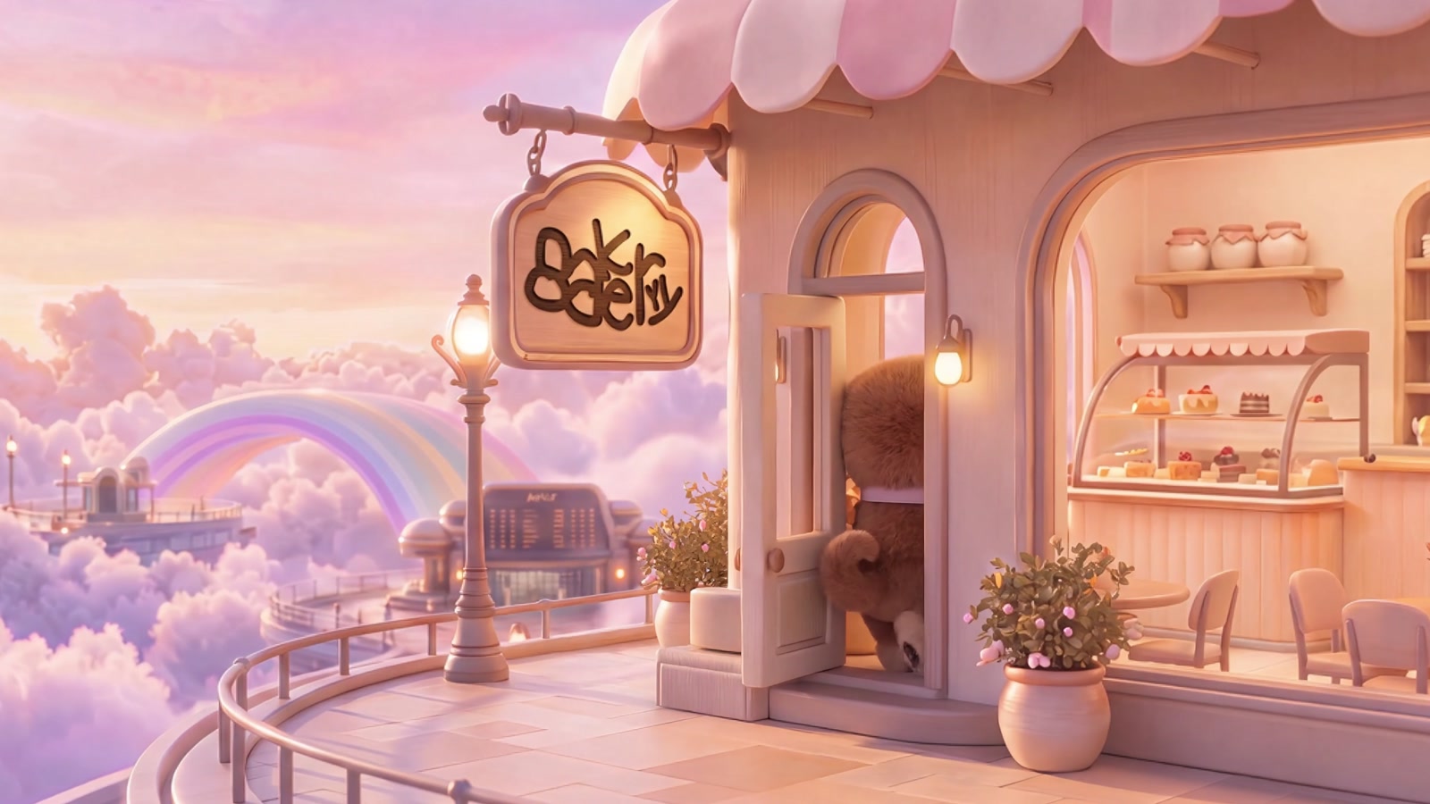 The pink bakery overlooking clouds and a rainbow bridge