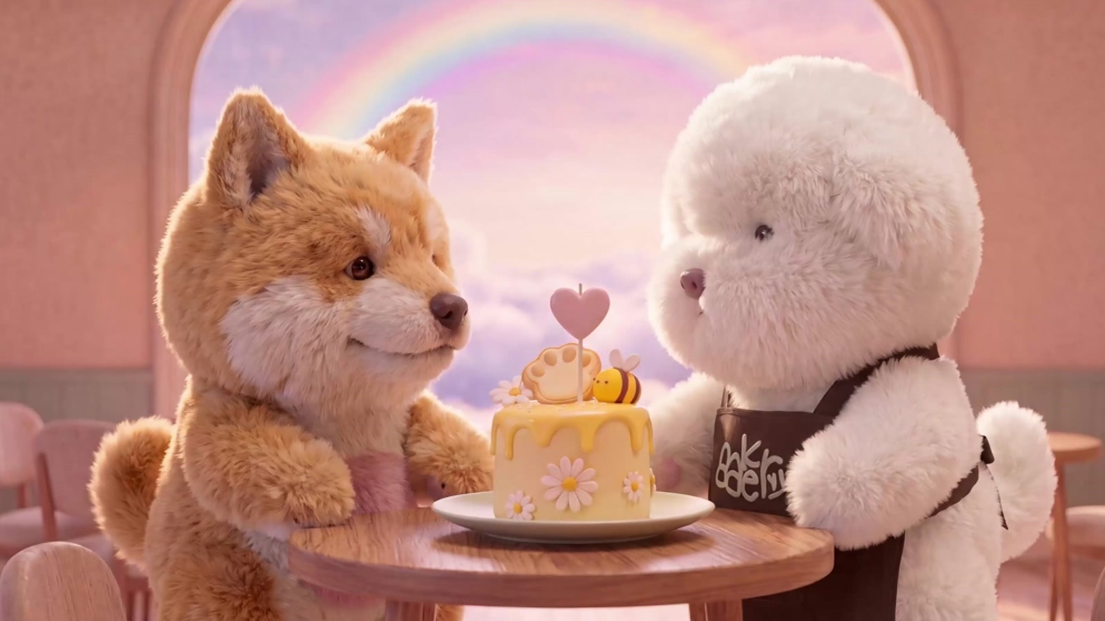 Bang-i sharing a cake with a brown dog at a table