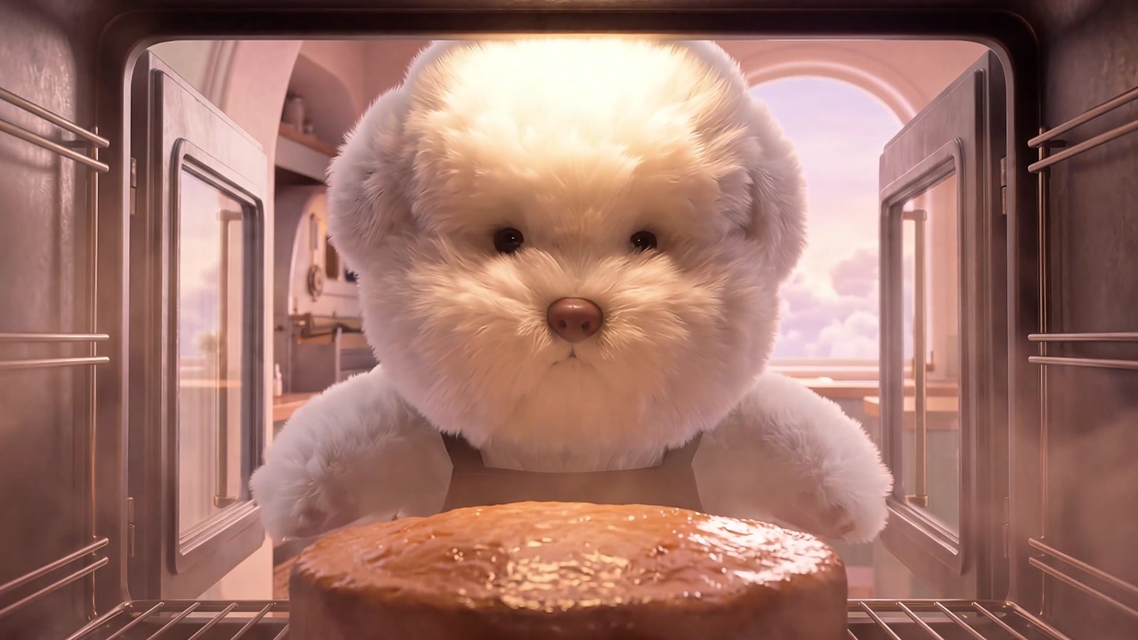 Bang-i, the white dog baker, looking into an oven at a cake