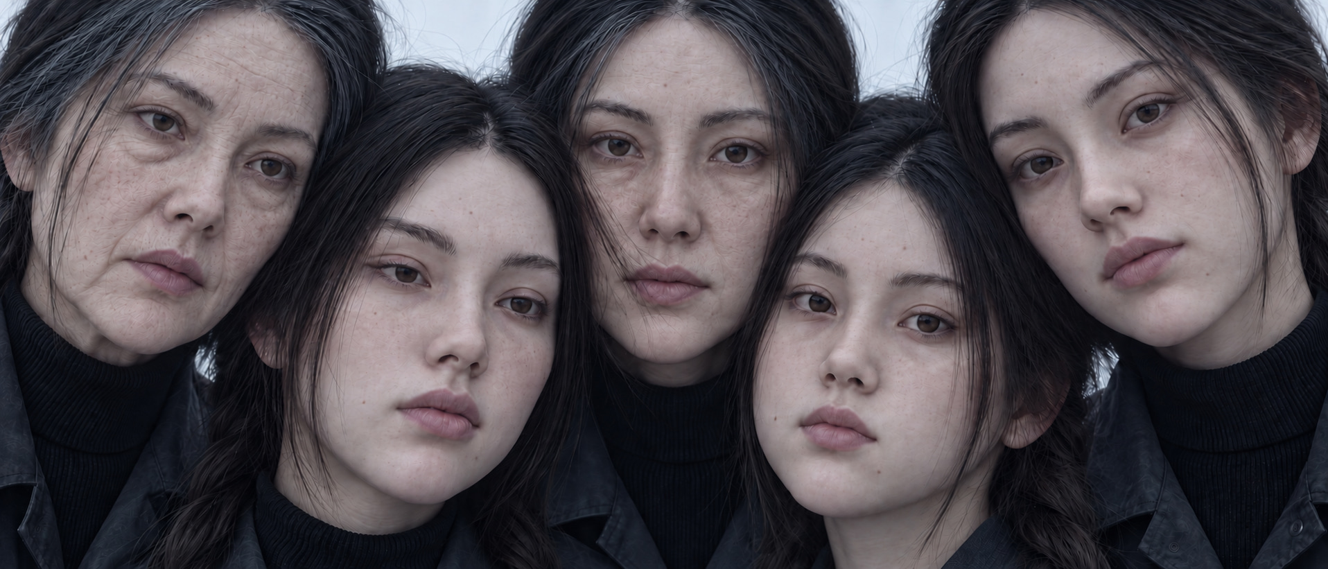 Close-up of five faces at different ages, framed by dark hair