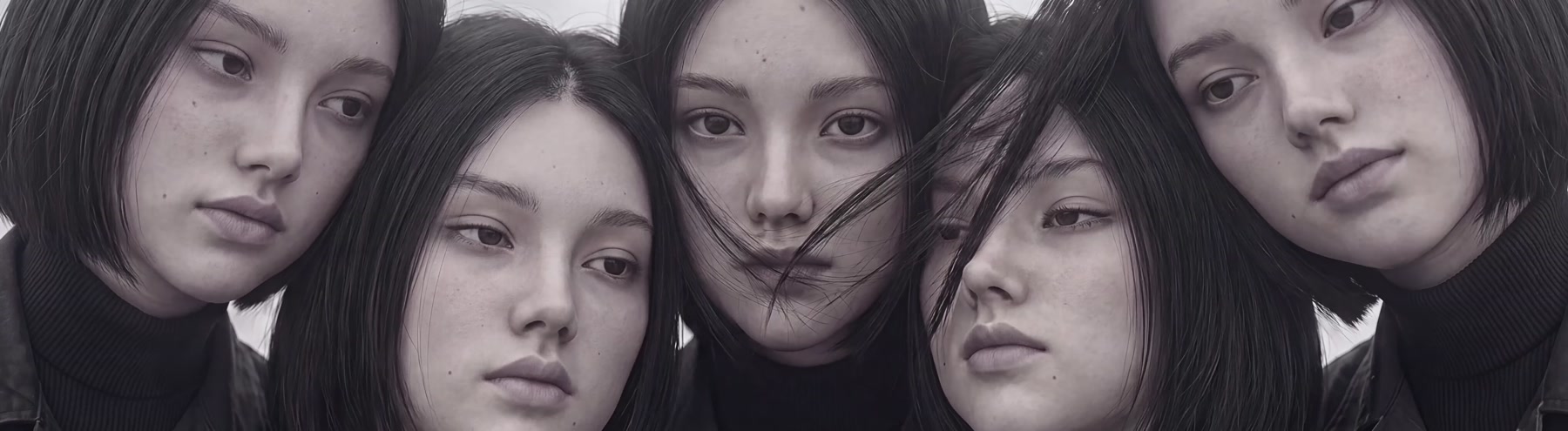 Five women with the same face gathered on a boat in fog